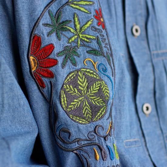 GOHEMP ゴーヘンプ｜CHAMBRAY PLEATS WORK SHIRTS(ブルー)(刺繍ヘンプ