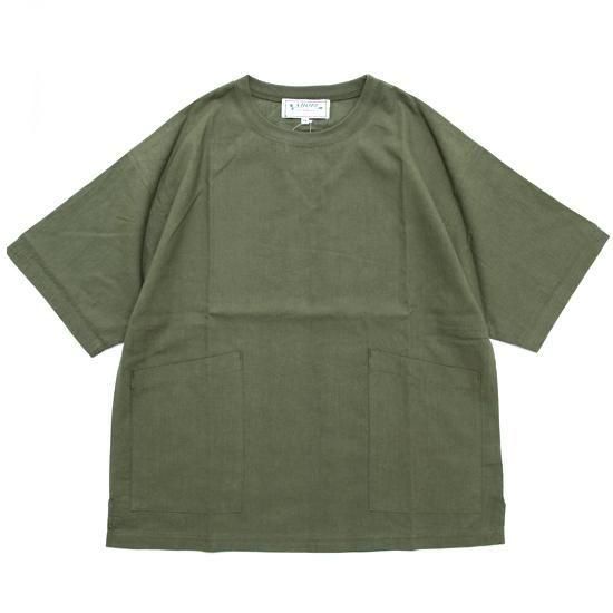 A HOPE HEMP アホープヘンプ｜Woven S/S Double Pocket Tee (オリーブ)(シャツ生地のTシャツ)
