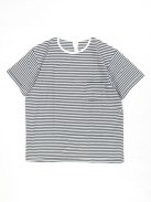 YAECA STOCK クルーネックTシャツ-ポケット付き-(ネイビーストライプ/襟ホワイト)【ウィメンズ】