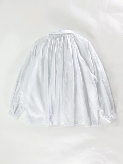 豊富な商品から YAECA ギャザーブラウス(クサキサックスストライプ WRITE シャツ/ブラウス(長袖/七分)