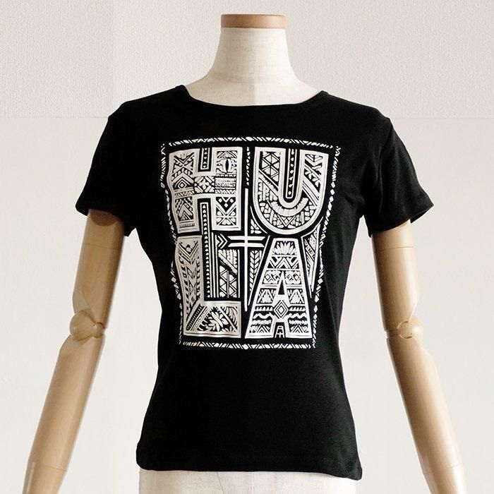 【新品・タグ付き】 フラダンス Tシャツ・パウスカート・髪飾り + おまけ フラダンスTシャツ－AlohaPride ［HULAタパ］ ブラック シルク