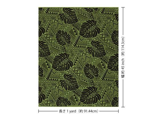 新春初売り 緑のハワイアンファブリック モンステラ・タパ柄 fab-2545GNBK フラダンス