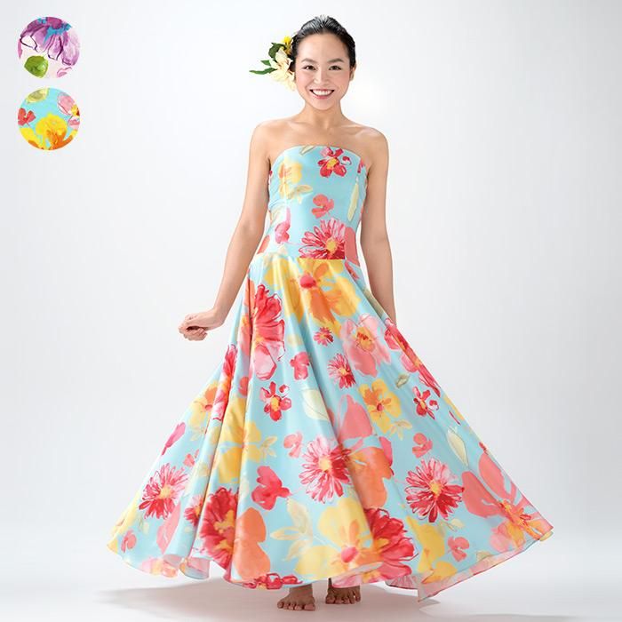 【美品】フラダンス用ストラップレスドレス　パンドール　日本製　Mサイズ サテンプリント スリーブレス フラドレス hlds-51016ds【オーダー