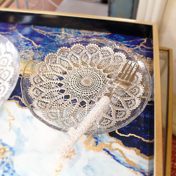【即納可！】美しいレース柄のガラス皿♪トルコ製グロリアガラスプレートS（φ21cm） 