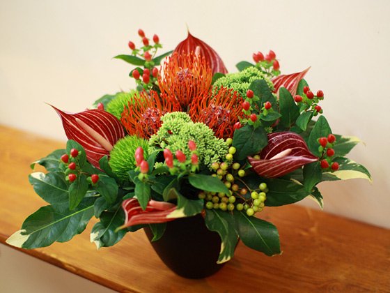 お祝い花宅配 開店祝いや記念日にピンクッションとテマリソウの赤い花ギフト 陶器鉢