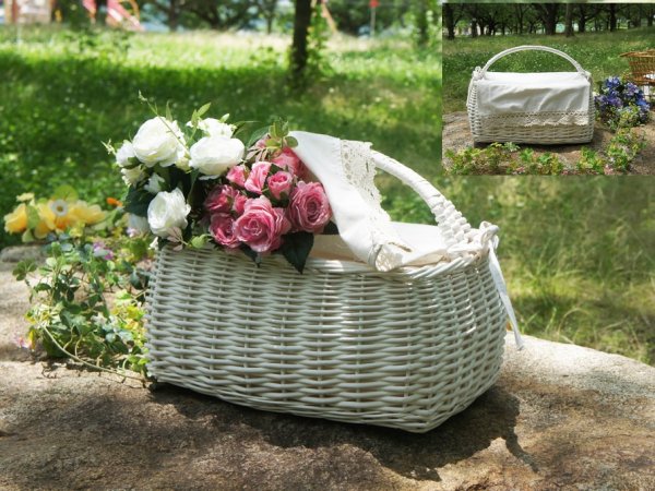 誠実 かわいい花柄のホワイトピクニックバスケット 公園 海 山 遠足 花