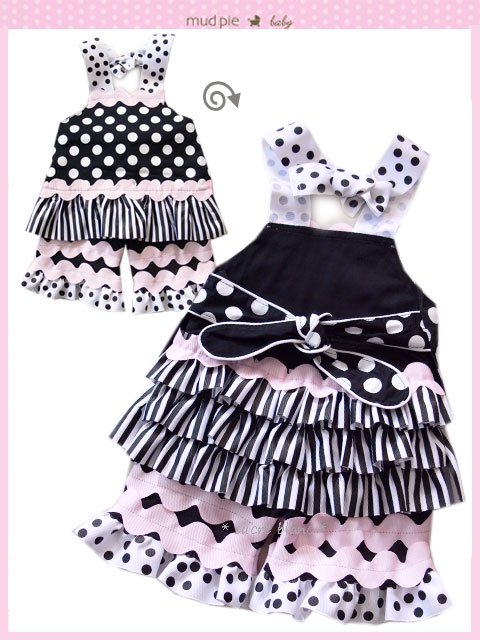 Mud Pie マッドパイ　Tres jolie ドット×ピンクリボンエプロントップス＆フリルパンツ【2-3T】 -  シュクルブラン-import-子供服　ハンドメイドアクセサリーオリジナルバッグ　ペットアクセサリー